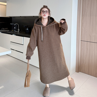 宽松休闲百搭拼色韩版 胖mm长袖 条纹连帽卫衣连衣裙 秋季 媛子家大码