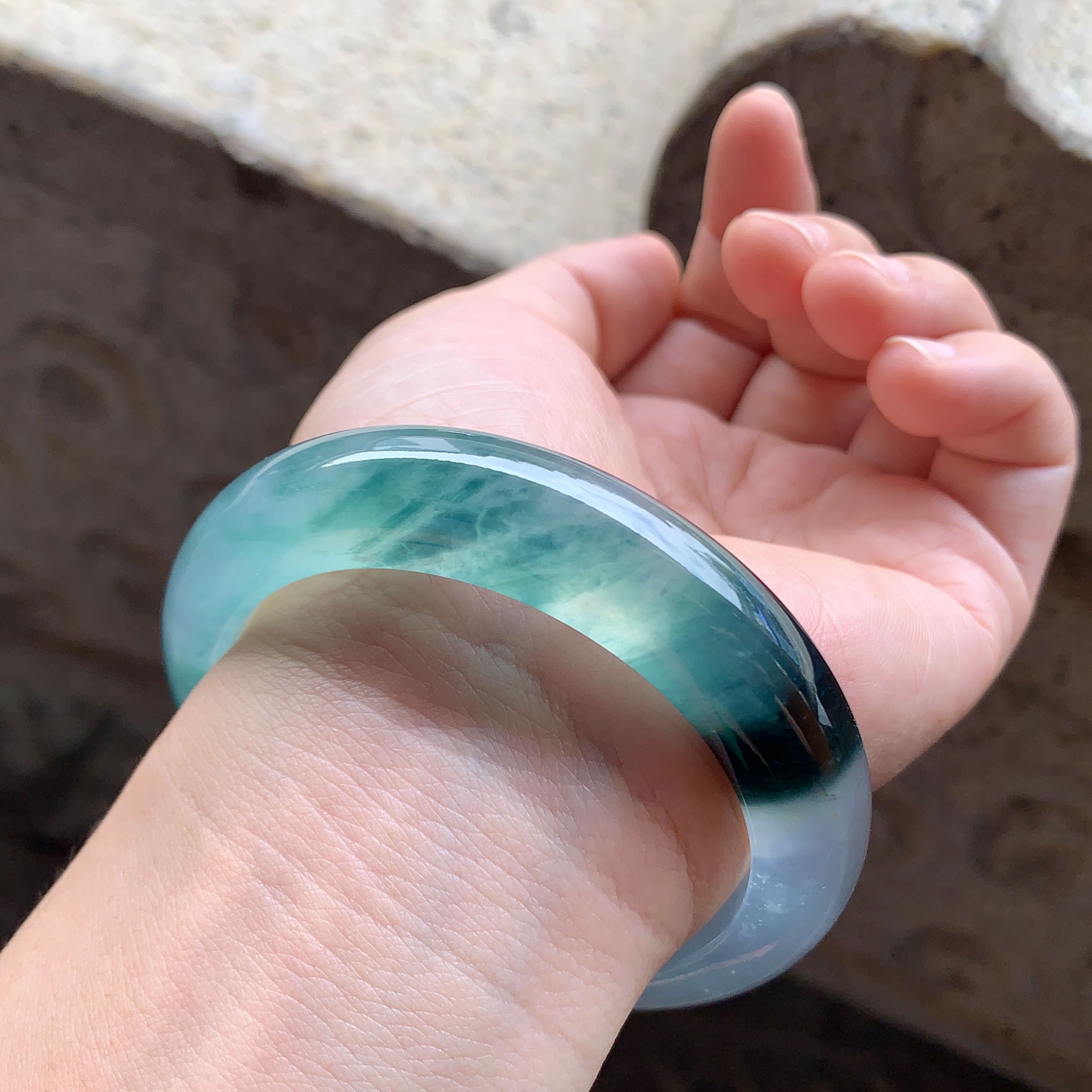 7高端玉镯珠宝玻璃种飘蓝花翡翠手镯缅甸天然a货0307