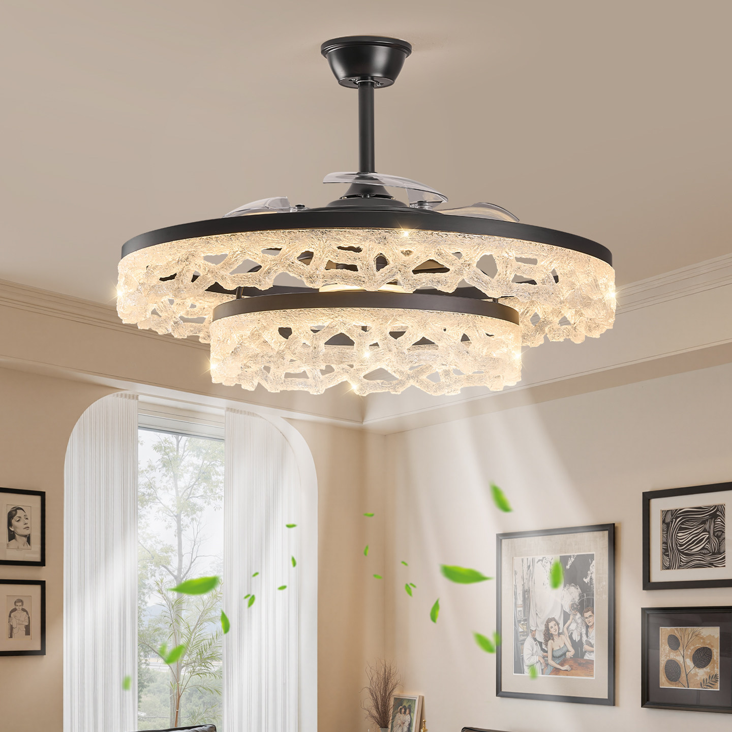 摇头风扇客厅灯现代简约北欧极简中古风轻奢卧室直叶餐厅灯风扇灯