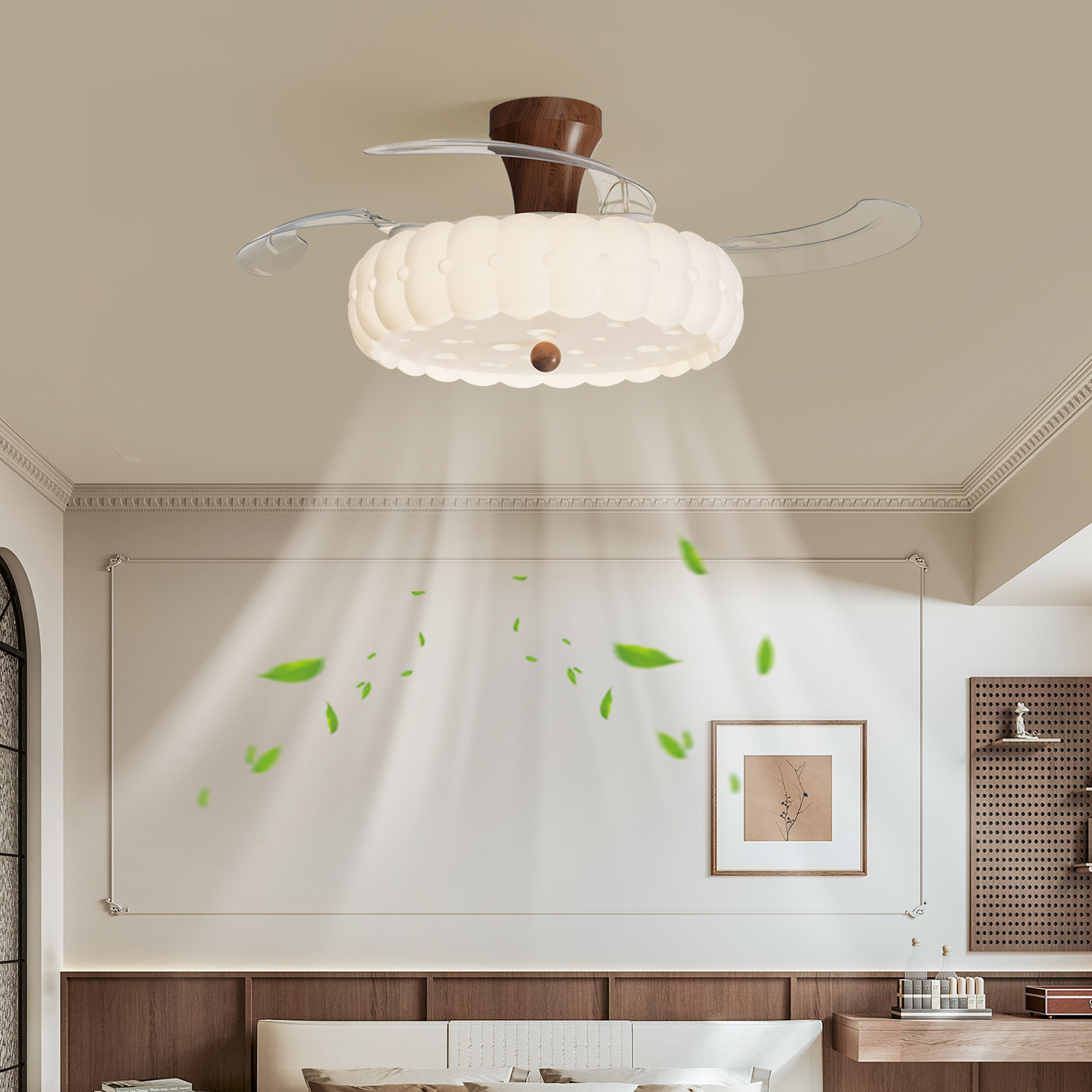 全光谱卧室风扇灯吊扇灯中古风2026新款复古奶油餐厅护眼书房间灯