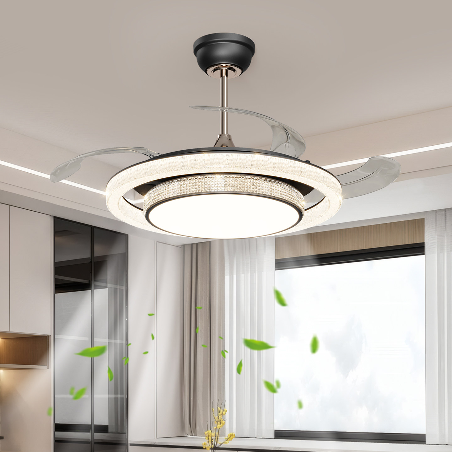 意式客厅隐形风扇灯2026新款中古风胡桃木色复古电扇灯餐厅吊扇灯