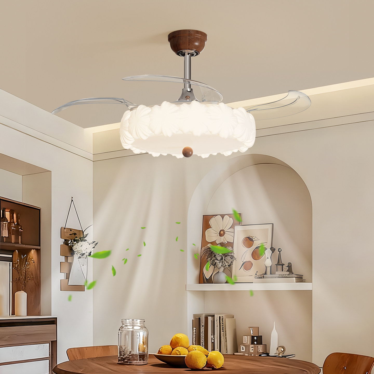 奶油风扇灯餐厅吊扇灯一体现代简约梅花创意主卧室大风力隐形静音