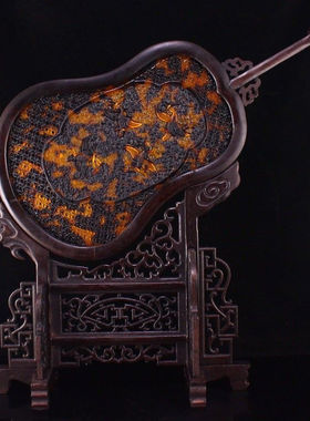 老古董民间古玩古董收藏 檀木 镶鸟纹扇形屏风摆件 包邮