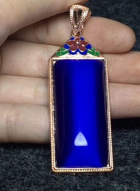 尼泊尔手工老银匠宫廷景泰蓝烤蓝纯银镶嵌老翠玉碧玺猫眼吊坠