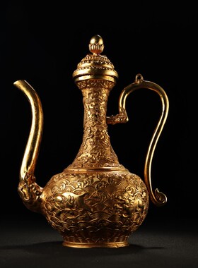 旧藏收纯紫铜鎏金高浮雕镶嵌宝石酒壶品相保存完好