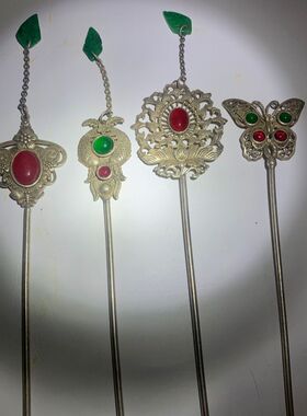 精品古玩收藏 老银镶嵌翡翠簪子 纯手工制作 随机发货 单个价