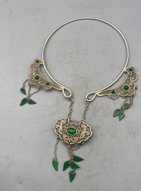 古玩古董收藏 乡下收来 老银项圈 带银锁项圈 老银子镶嵌翡翠