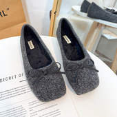 女鞋 子2025新款 早春季 平底复古绒面方头单鞋 薄绒玛丽珍外穿通勤鞋