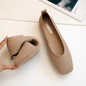 通勤工作鞋 针织单鞋 女淑女软底舒适百搭方头浅口孕妇平底豆豆鞋 女