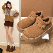 保暖毛绒复古棕色显瘦小个子棉鞋 加绒5cm厚底松糕勃肯鞋 女秋冬季