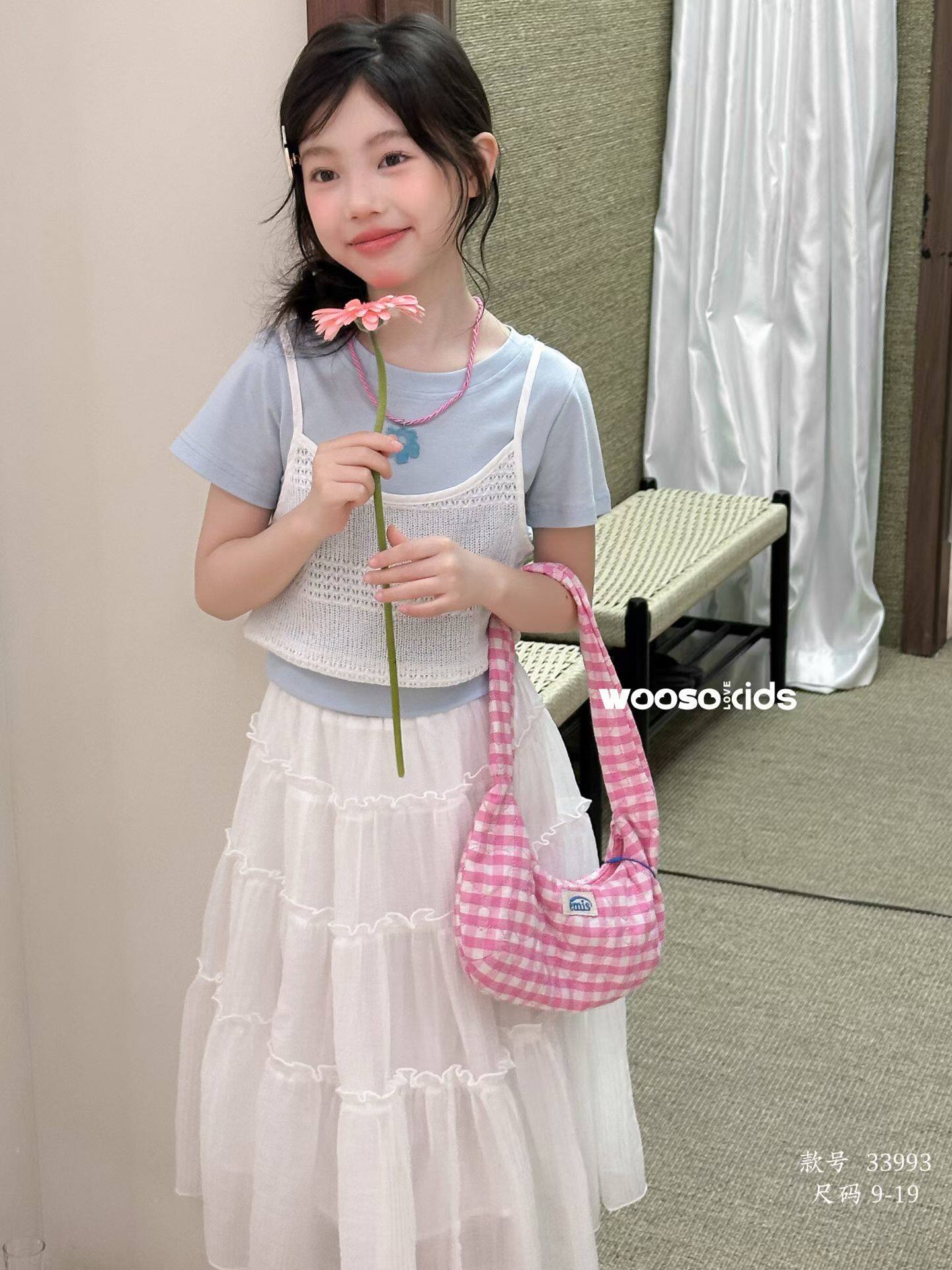 吾束品牌女童夏装三件套2026新款韩系儿童短袖蛋糕裙中大童套装