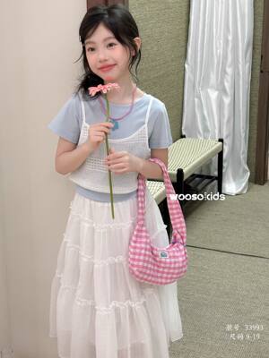 吾束品牌女童夏装三件套2026新款韩系儿童短袖蛋糕裙中大童套装