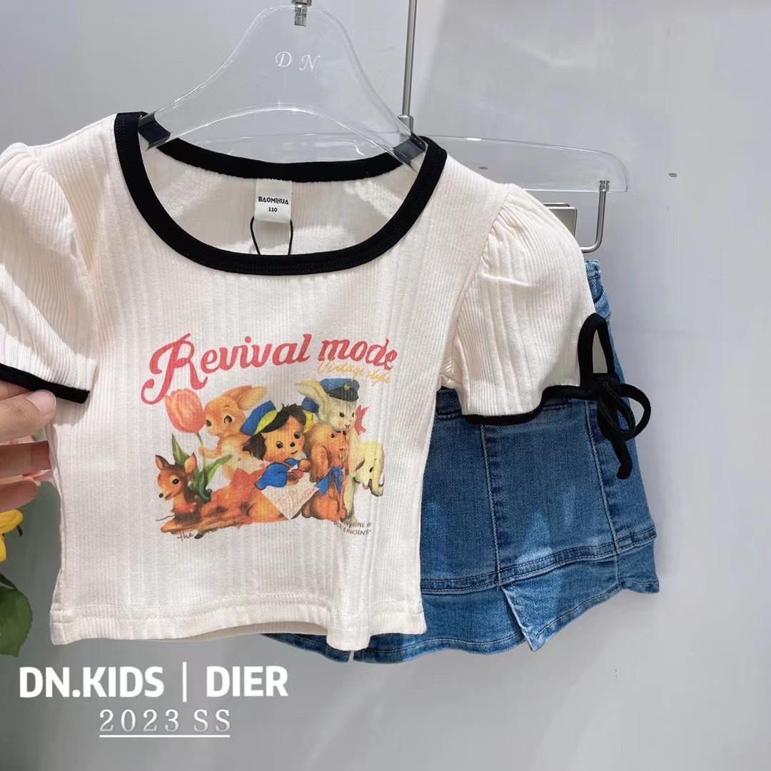 韩国童乐鱼品牌童装23新款夏款儿童女童短袖短款T恤爆上衣体恤