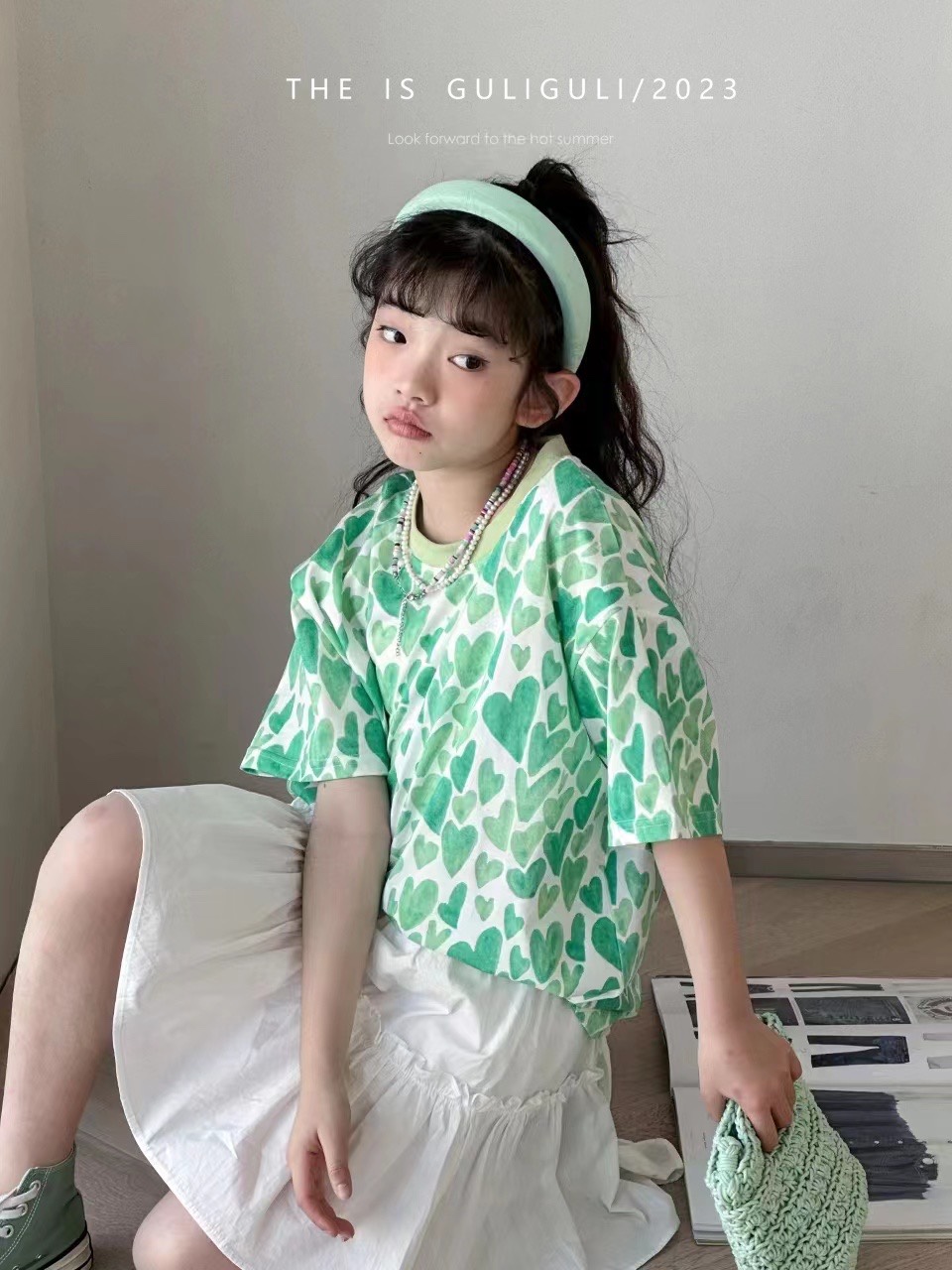 韩国guli品牌童装23新款夏款儿童女童爱心短袖T恤爆上衣体恤
