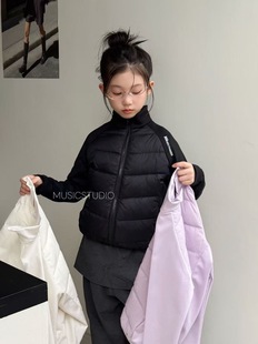 木莎童装2025冬季新男女童纯色青少年拼接羽绒服儿童羽绒外套