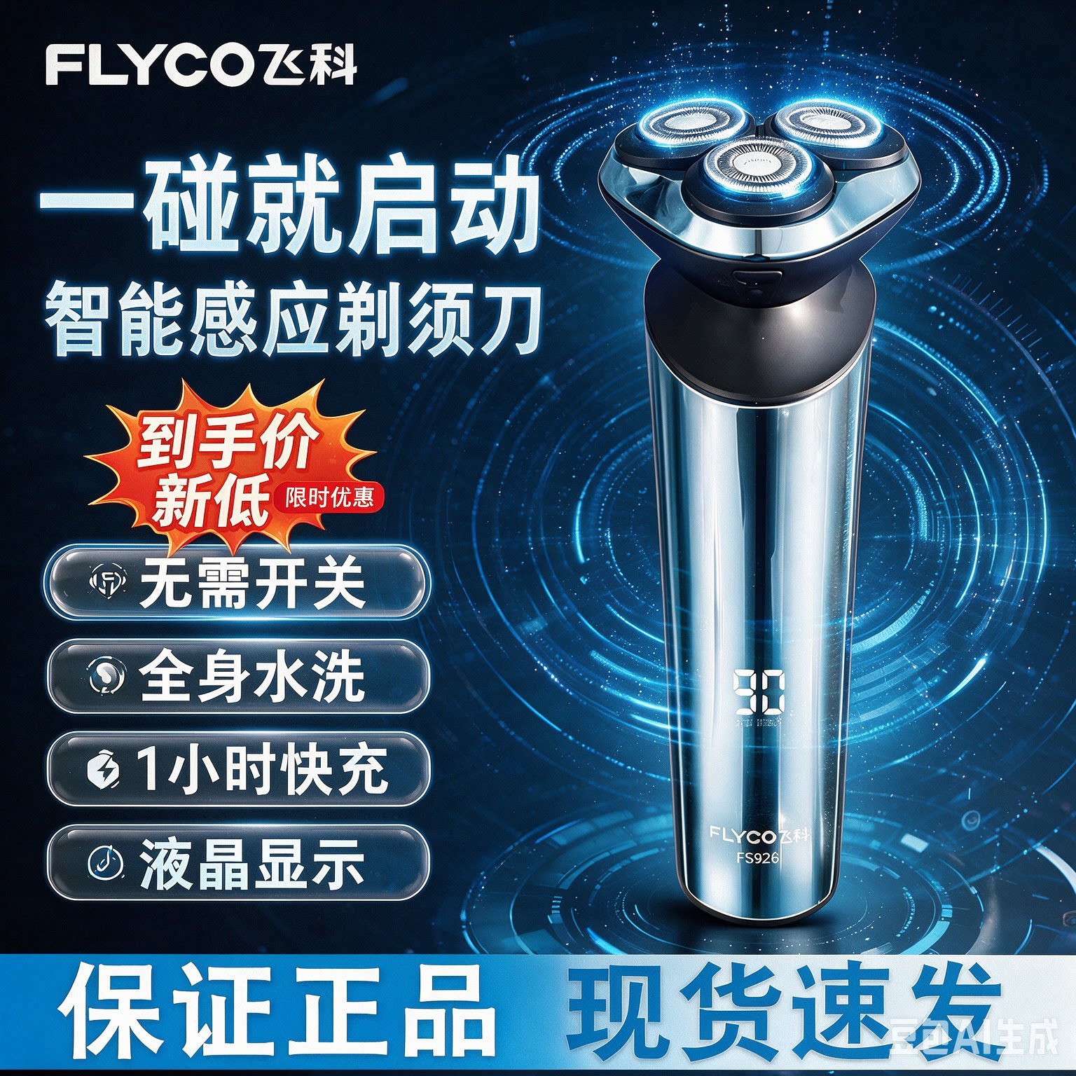 飞科926电动剃须刀男士三刀头全身水洗充电式智能感应刮胡刀液晶