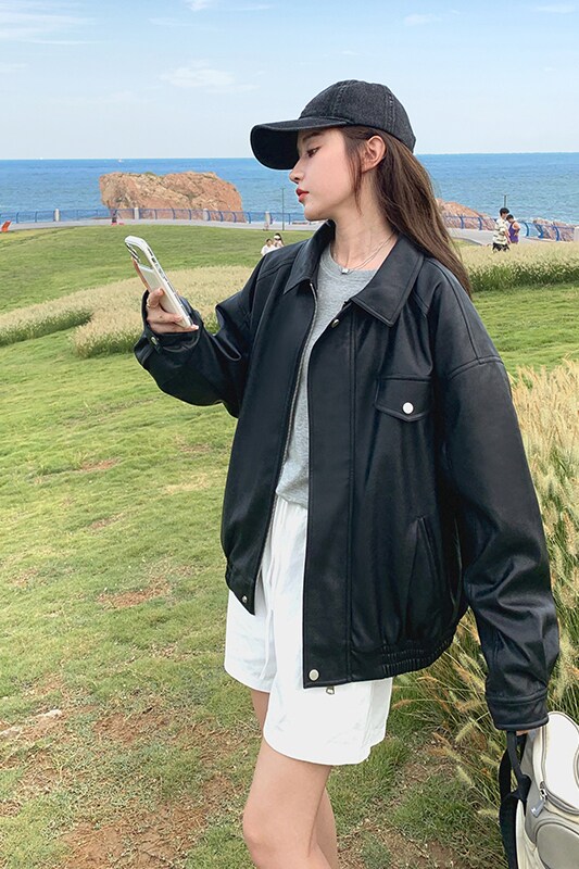 现货秋款韩剧女主口袋oversize皮衣MMJ5519-P150-K208买家秀,女装皮衣,浙宝233