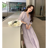 V领气质雪纺连衣裙女2025夏新款高级感别致独特的绝美法式茶歇裙，女装连衣裙，浙宝233