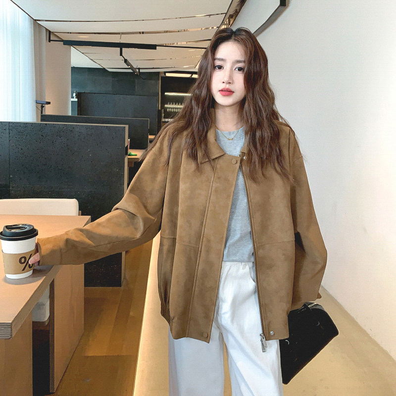 春秋短外套秋冬女复古皮夹克翻领女款港风棕色短夹克,女装皮衣,浙宝233