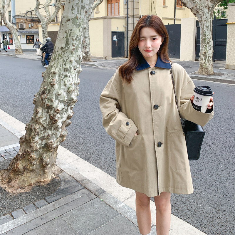 【新款现货】宽松格纹拼接翻领短款风衣外套MMJ8008-P155-K218,女装风衣,浙宝233