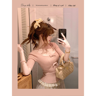 收腰短款 Lazy 针织上衣修身 蝴蝶结半袖 T恤蕾丝内衣 Didi恋爱假期