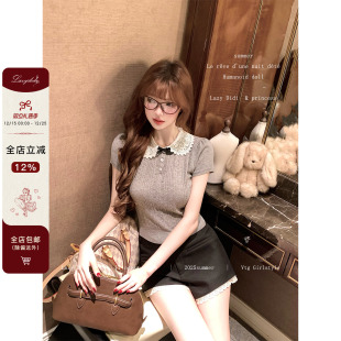 t恤 天丝三色钩花针织上衣甜美花瓣娃娃领短袖 Lazy Didi古董衣领