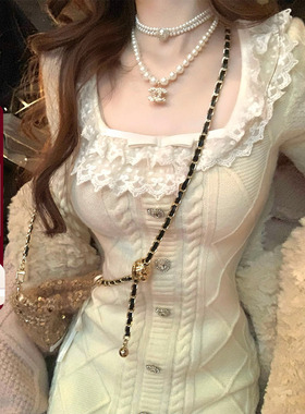 Lazy Didi杏仁烤奶 蕾丝花边领厚实重工纯欲针织修身打底毛衣裙