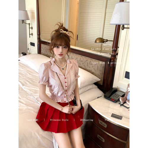 Lazy Didi捕梦沙洲 收腰衬衫百褶半裙套组复古泡泡袖上衣a字短裙