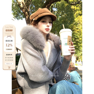 百搭短上衣 Lazy Didi雪绒花 加绒毛衣外套真狐狸毛领连帽衫 蝙蝠袖