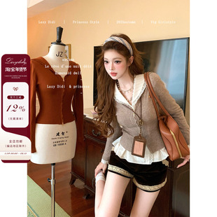 Lazy Didi柏林秋日 羊毛桑蚕丝收腰毛衣外套显白海军领开衫上衣