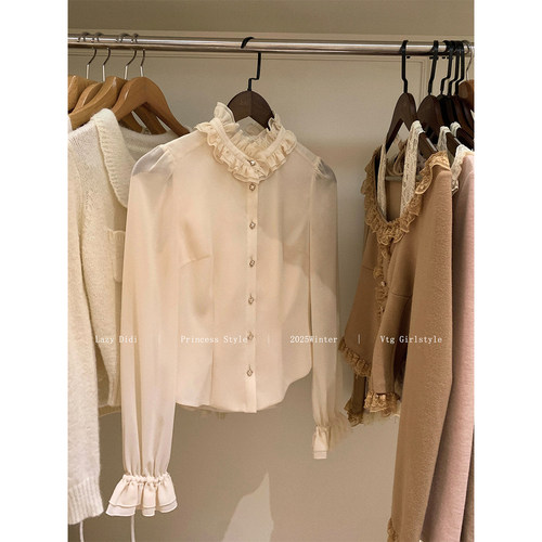 Lazy Didi法式经典 百搭叠穿高领花边衬衣宫廷立领显瘦设计感上衣