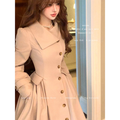 Lazy Didi伦敦周末 摩登外套收腰大裙摆风衣中长款老钱风掐腰大衣