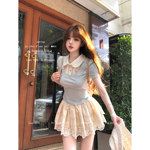 Lazy Didi初恋序章 学院风假两件短袖夏季娃娃领正肩修身拼色t恤