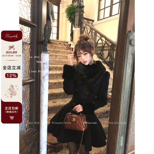 Lazy Didi赫本序章  掐腰夹棉毛呢大衣富家千金加厚毛领呢子外套