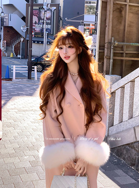 Lazy Didi雪落富士山 羊毛狐狸毛手工双面呢大衣高级感长款外套