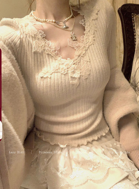 Lazy Didi香软玉白 内搭伴侣绣花针织上衣蕾丝花边长袖修身T恤