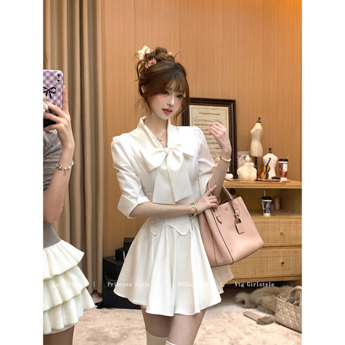 Lazy Didi小说女主 日常通勤收腰鱼尾衬衫裙蝴蝶结系带千金连衣裙