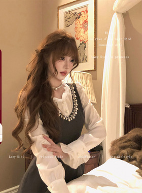 Lazy Didi曲线雕刻 手工钉珍珠A版连衣裙假两件泡泡袖高腰重工裙