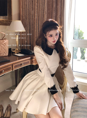 Lazy Didi奥黛丽 经典分割线赫本连衣裙拼色娃娃领蝴蝶结显瘦a字