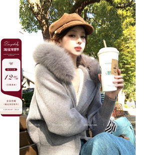 Lazy Didi雪绒花 加绒毛衣外套真狐狸毛领连帽衫蝙蝠袖百搭短上衣