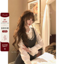 Lazy Didi曲线雕刻 手工钉珍珠A版连衣裙假两件泡泡袖高腰重工裙