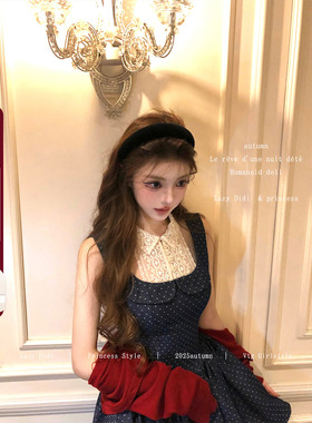 Lazy Didi复古派对 假两件波点提花连衣裙miu感娃娃领公主蓬蓬裙