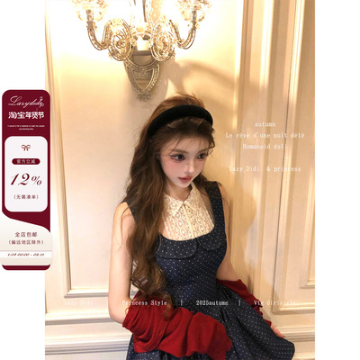 Lazy Didi复古派对 假两件波点提花连衣裙miu感娃娃领公主蓬蓬裙