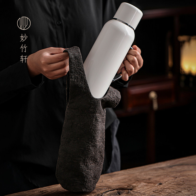 妙竹轩植物染手作保温杯袋手提便携保温杯收纳袋复古国风棉麻壶袋