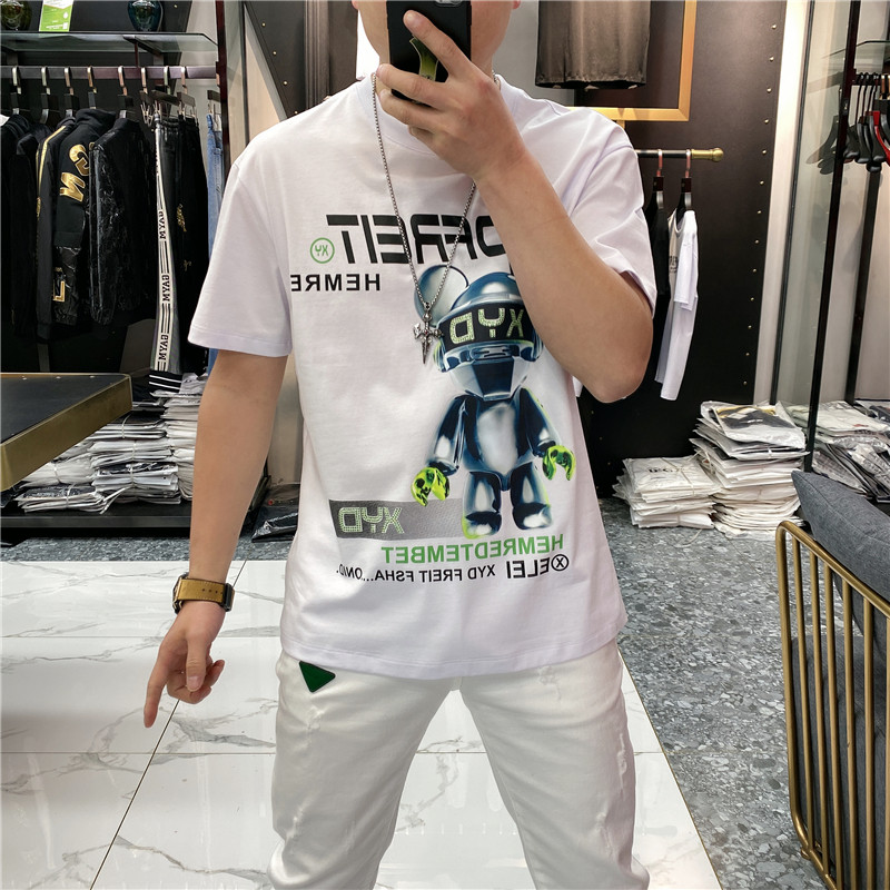 2026夏季印花图案烫钻潮牌T恤时尚个性休闲圆领丝光棉短袖T恤男潮