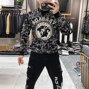 欧洲站天鹅绒毛衣男2023秋冬新款个性潮牌提花圆领网红针织长袖男