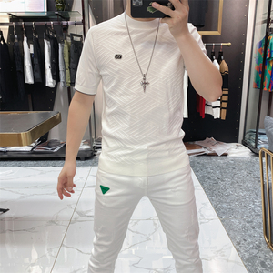 欧洲站毛衣短袖男2023秋季新款简约修身提花百搭针织衫半袖T恤男