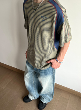 UNLG美式复古拼接撞色条纹短袖t恤男夏季设计感小众宽松休闲上衣