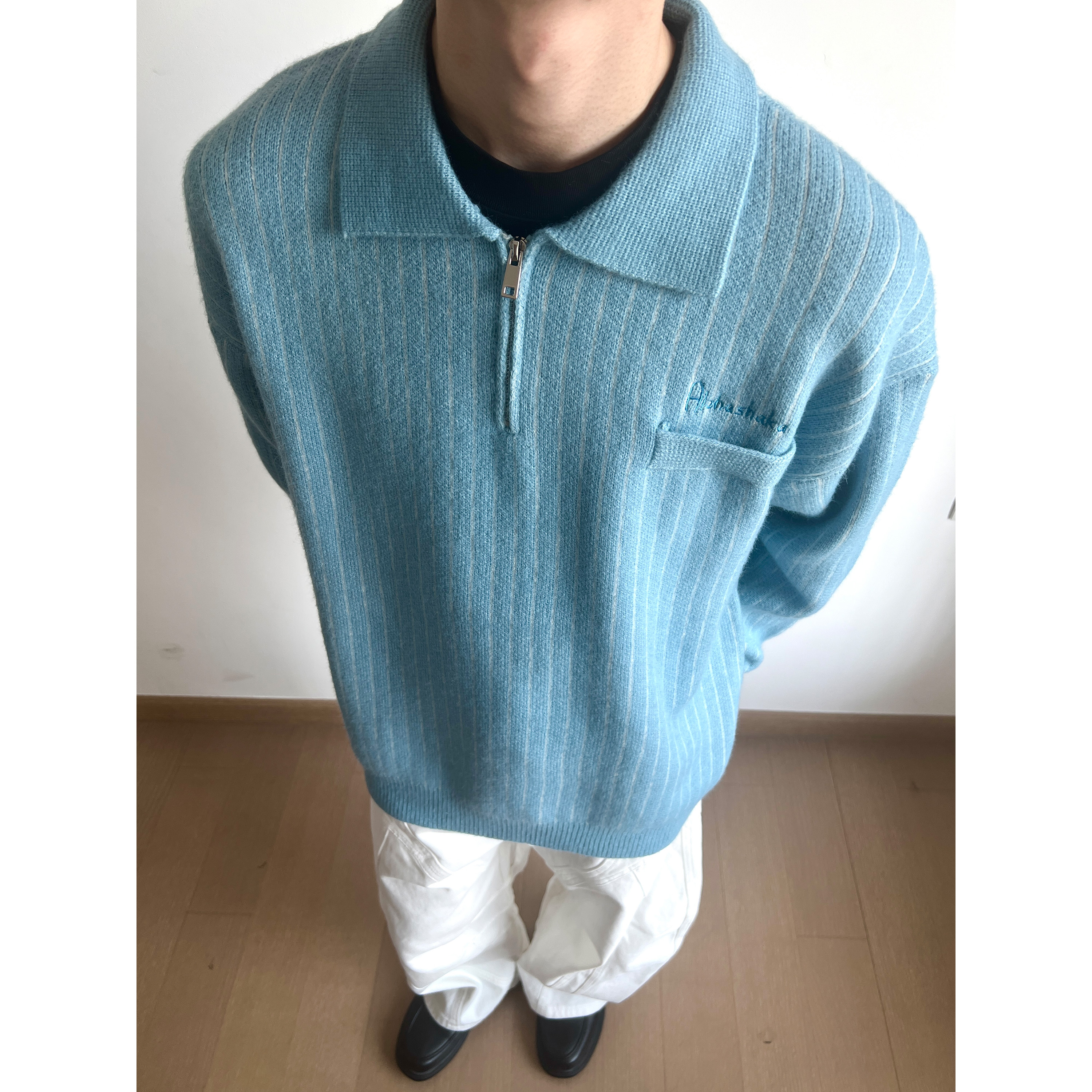 美式复古翻领竖条纹毛衣男