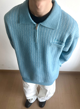 UNLG美式复古翻领竖条纹毛衣男秋冬宽松休闲简约高级半拉链针织衫